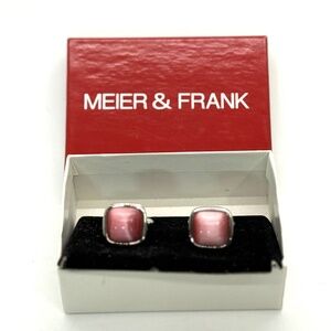 Meier & Frank Vintage Square Pink Cabochon Stone Silver Tone Cufflinks in Box